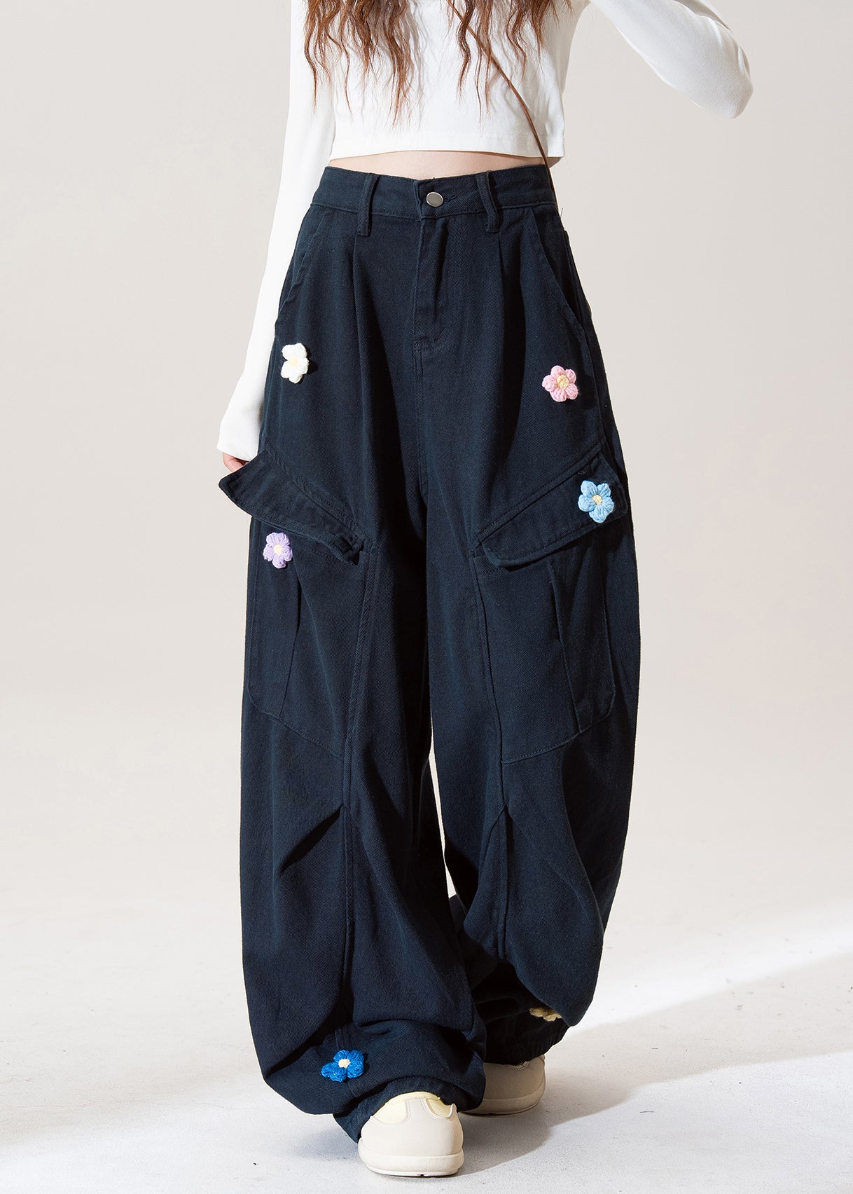 Stylish Navy Embroidered Pockets Cotton Pants Spring