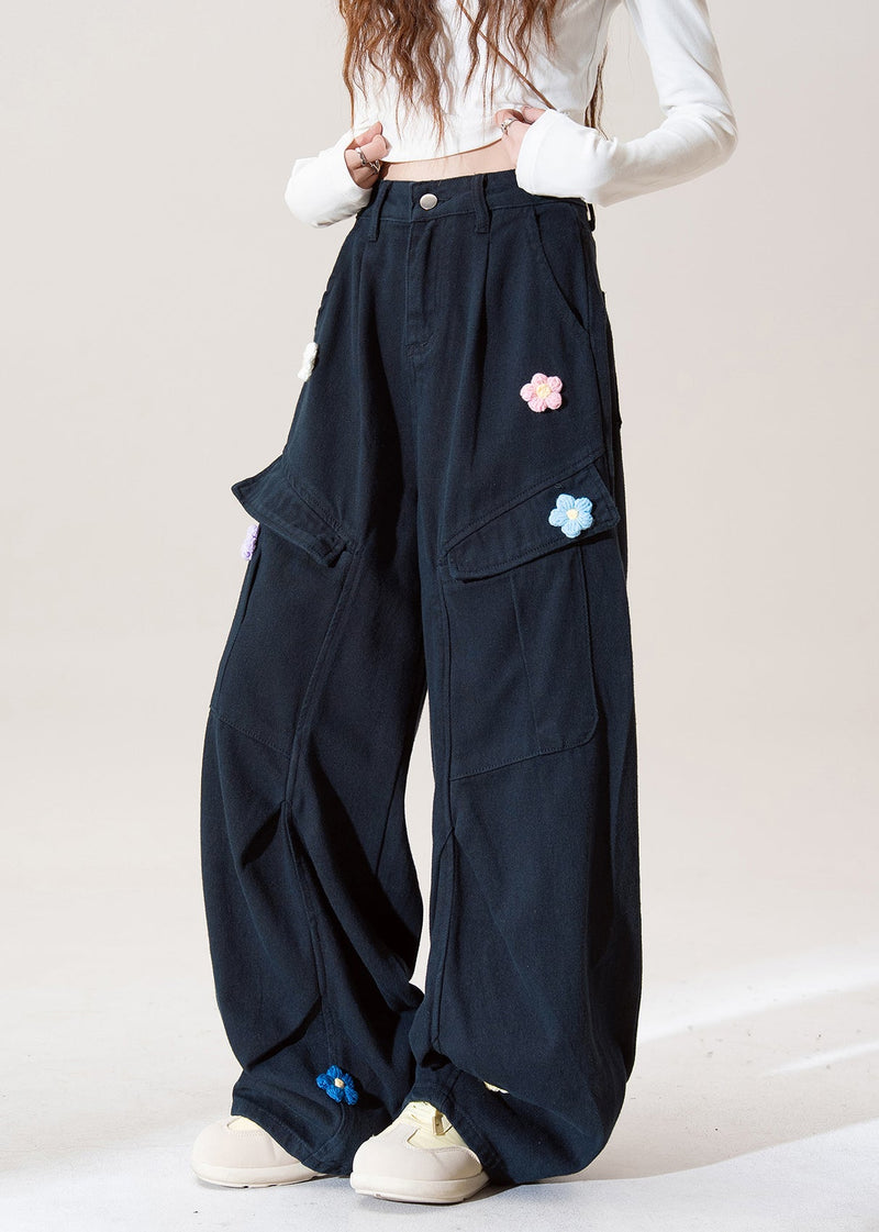 Stylish Navy Embroidered Pockets Cotton Pants Spring