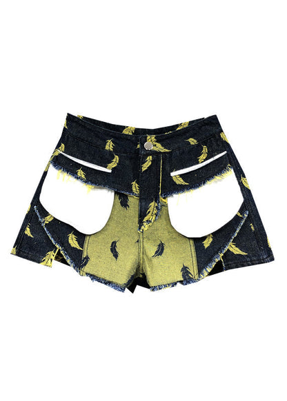 Stylish Navy Feathers Embroideried Patchwork Denim Shorts Summer
