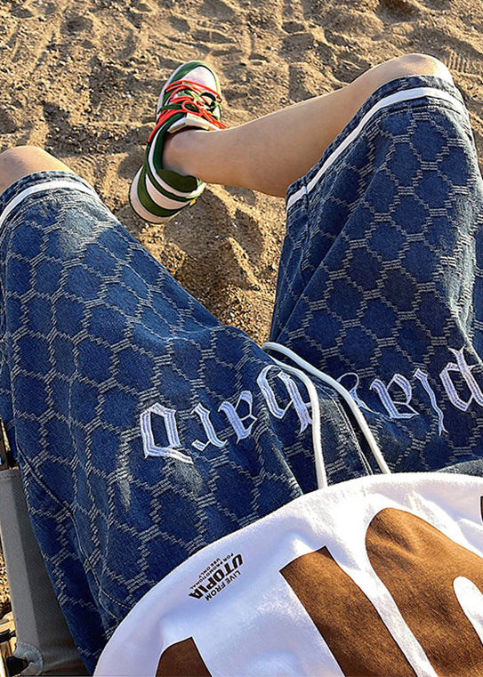 Stylish Navy Letter Pockets Elastic Waist Denim Shorts Summer