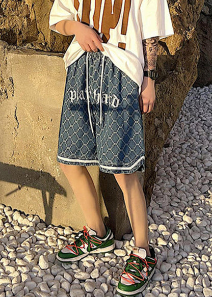 Stylish Navy Letter Pockets Elastic Waist Denim Shorts Summer