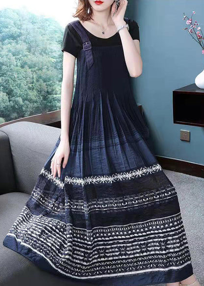 Stylish Navy Wrinkled Print Spaghetti Strap Cotton Maxi Dress Sleeveless