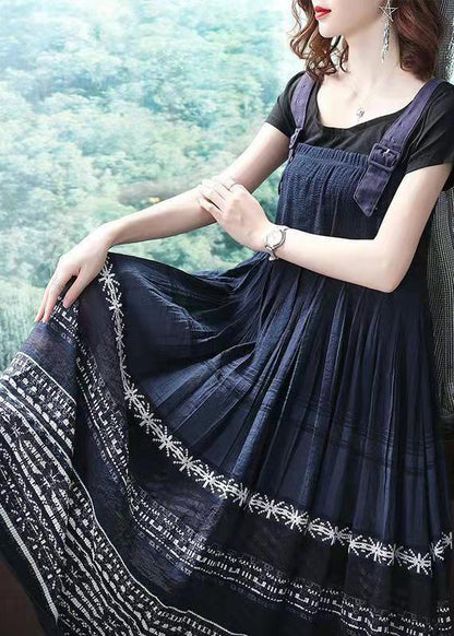 Stylish Navy Wrinkled Print Spaghetti Strap Cotton Maxi Dress Sleeveless