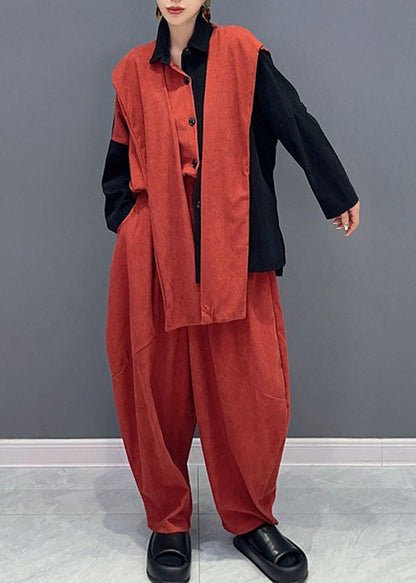 Stylish Orange Patchwork Black Asymmetrical Cape Top and Harem Pants Two Pieces Set Long Sleeve
