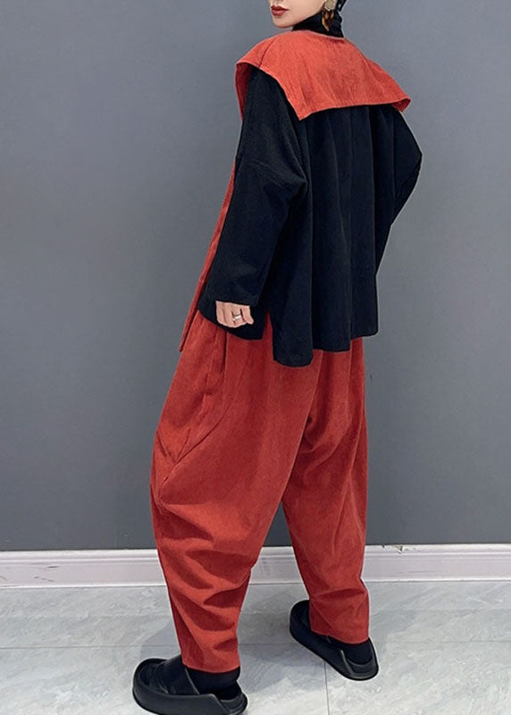 Stylish Orange Patchwork Black Asymmetrical Cape Top and Harem Pants Two Pieces Set Long Sleeve