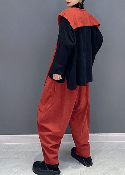 Stylish Orange Patchwork Black Asymmetrical Cape Top and Harem Pants Two Pieces Set Long Sleeve