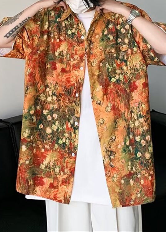 Stylish Orange Print Pockets Ice Silk Shirts Half Sleeve
