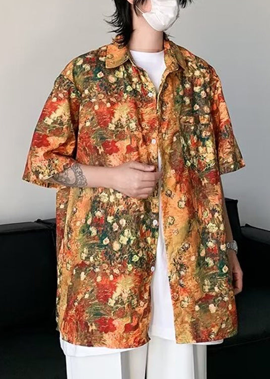 Stylish Orange Print Pockets Ice Silk Shirts Half Sleeve
