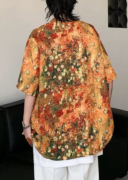 Stylish Orange Print Pockets Ice Silk Shirts Half Sleeve