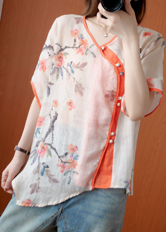 Stylish Orange Red Button Asymmetrical Design Print Fall Shirt Half Sleeve