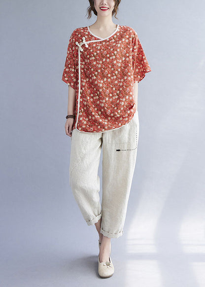 Stylish Orange Retro Print Loose Fall Shirt Half Sleeve Top