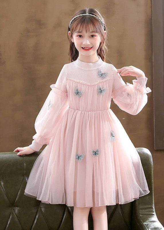 Stylish Pink Butterfly Patchwork Tulle Baby Dress Fall