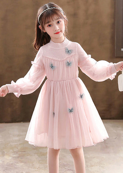 Stylish Pink Butterfly Patchwork Tulle Baby Dress Fall