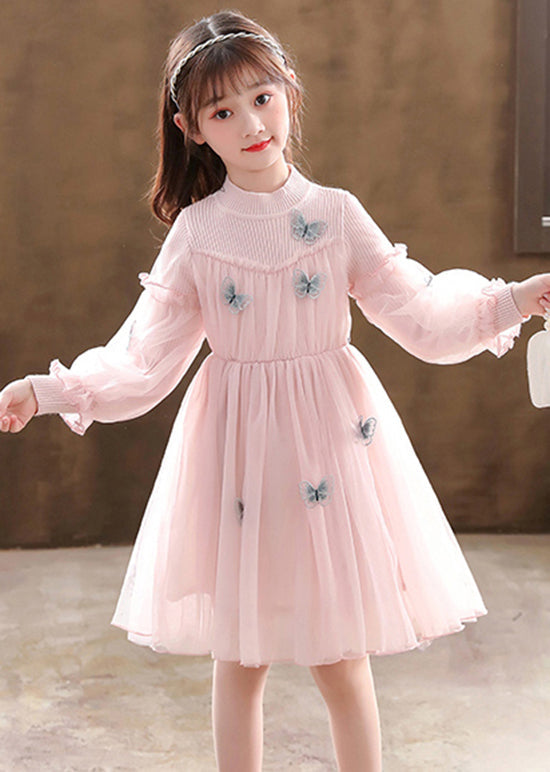 Stylish Pink Butterfly Patchwork Tulle Baby Dress Fall