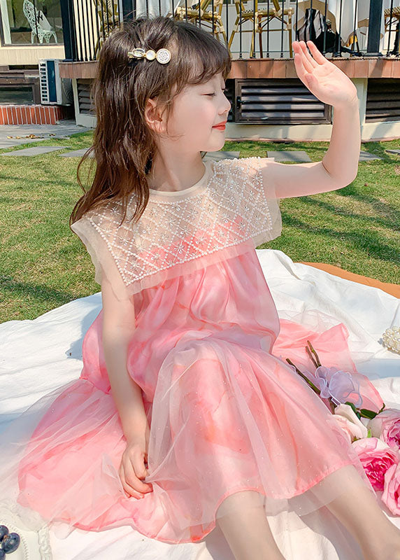 Stylish Pink Nail Bead Wrinkled Patchwork Tulle Kids Dress Summer
