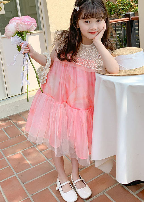 Stylish Pink Nail Bead Wrinkled Patchwork Tulle Kids Dress Summer