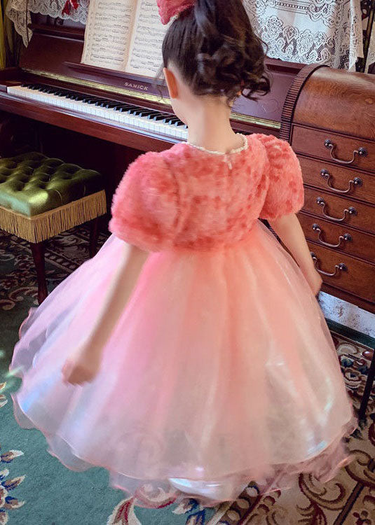 Stylish Pink O-neck Nail Bead Patchwork Tulle Baby Dresses Summer