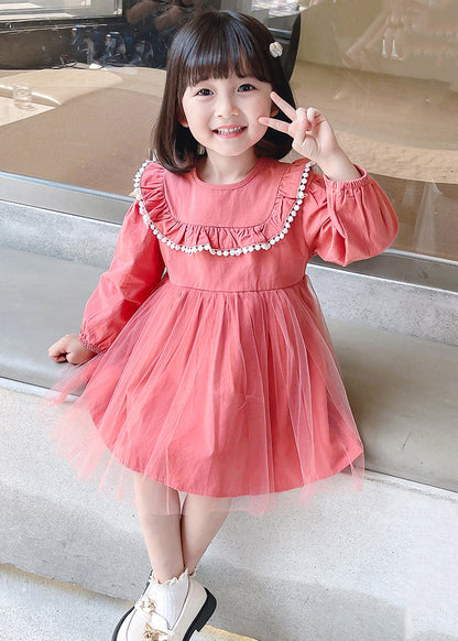 Stylish Pink O Neck Wrinkled Patchwork Cotton Kids Dresses Fall