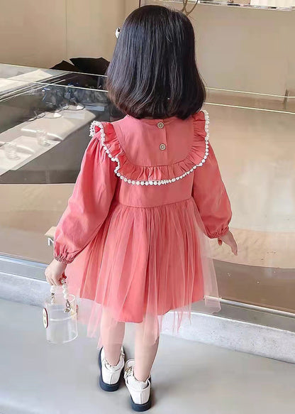 Stylish Pink O Neck Wrinkled Patchwork Cotton Kids Dresses Fall