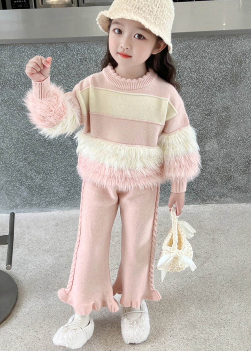 Stylish Pink Patchwork Cotton Knit Kids Sweaters and Pants Two Piece Set Spring