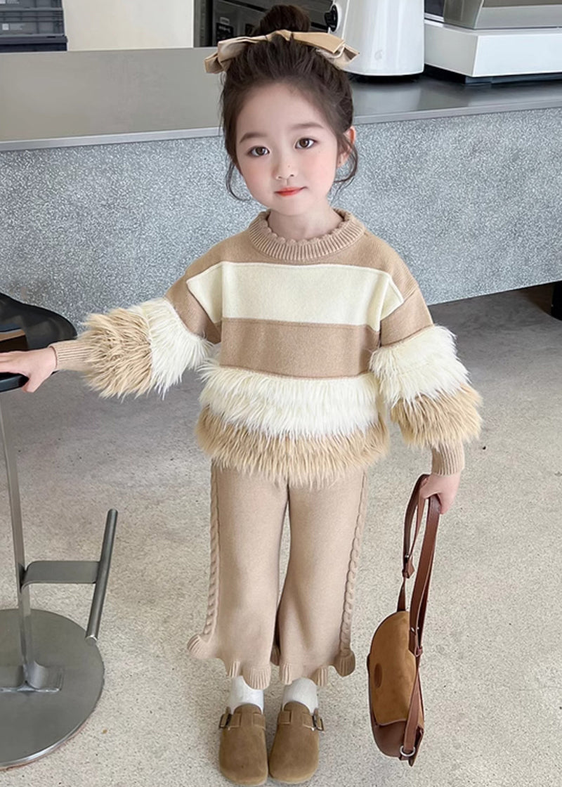 Stylish Pink Patchwork Cotton Knit Kids Sweaters and Pants Two Piece Set Spring