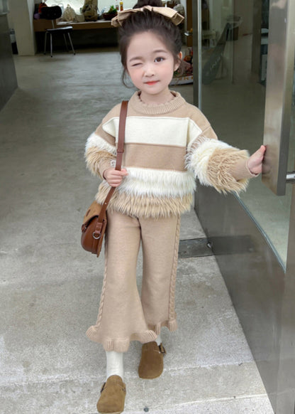 Stylish Pink Patchwork Cotton Knit Kids Sweaters and Pants Two Piece Set Spring