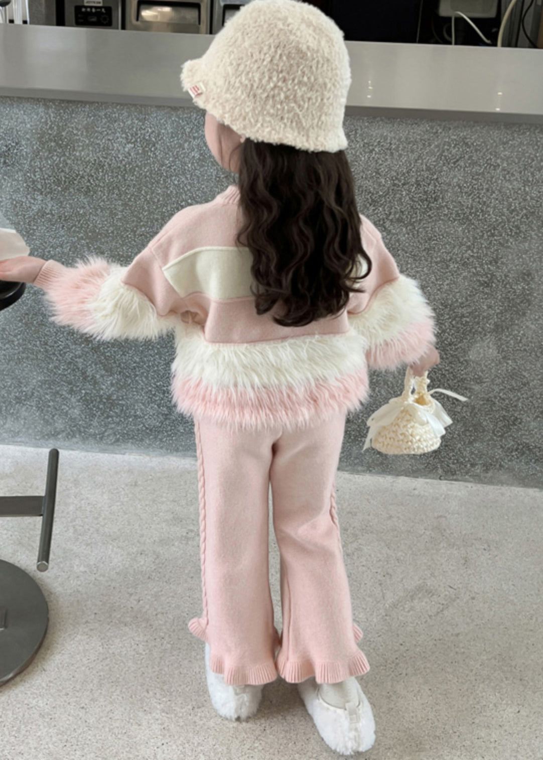 Stylish Pink Patchwork Cotton Knit Kids Sweaters and Pants Two Piece Set Spring