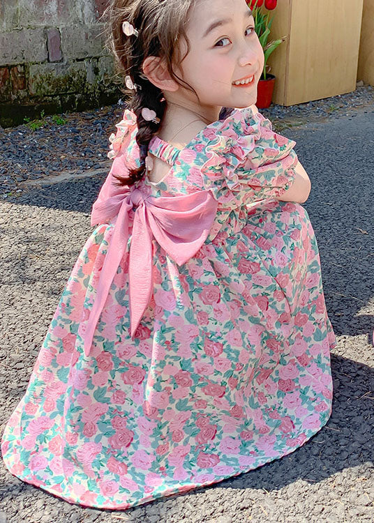 Stylish Pink Print Ruffled Bow Patchwork Chiffon Kids Dress Summer