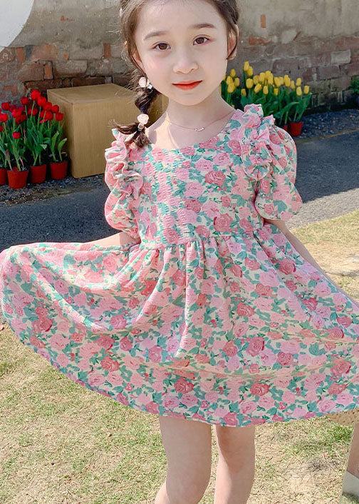 Stylish Pink Print Ruffled Bow Patchwork Chiffon Kids Dress Summer