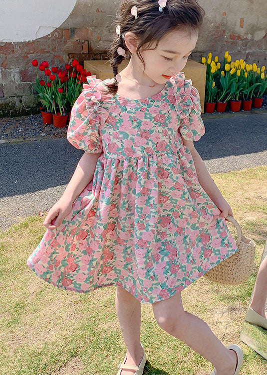 Stylish Pink Print Ruffled Bow Patchwork Chiffon Kids Dress Summer