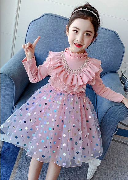 Stylish Pink Ruffled Dot Patchwork Cotton Baby Dresses Fall