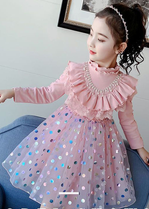 Stylish Pink Ruffled Dot Patchwork Cotton Baby Dresses Fall