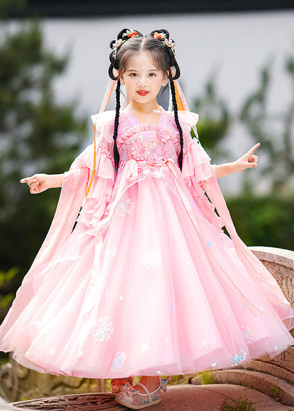 Stylish Pink Ruffled Patchwork Snow Embroideried Tulle Layered Maxi Dresses Summer