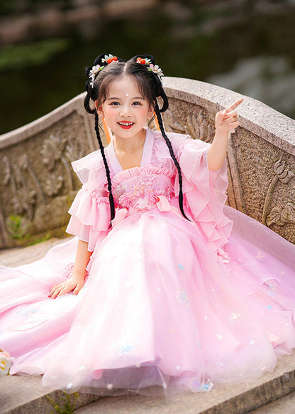 Stylish Pink Ruffled Patchwork Snow Embroideried Tulle Layered Maxi Dresses Summer