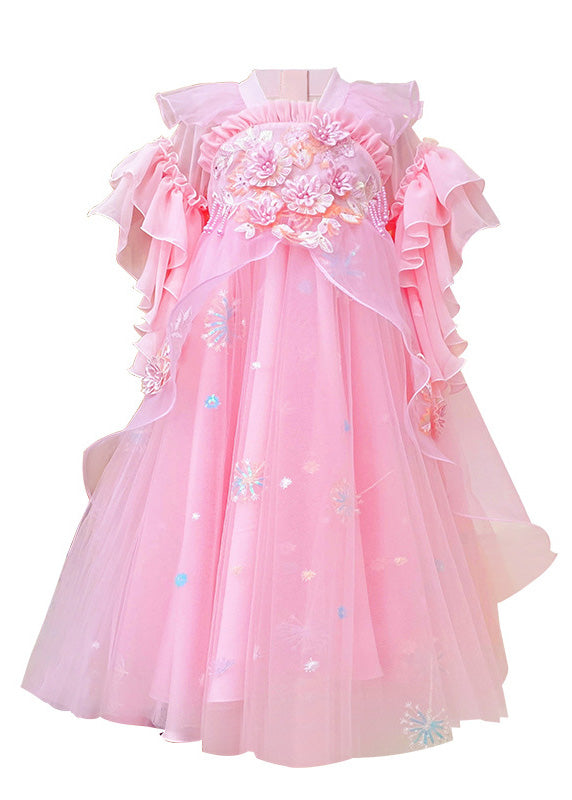 Stylish Pink Ruffled Patchwork Snow Embroideried Tulle Layered Maxi Dresses Summer