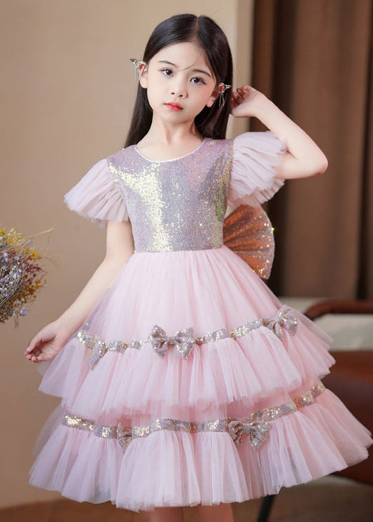 Stylish Pink Sequins Patchwork Bow Exra Large Hem Tulle Baby Maxi Dresses Summer