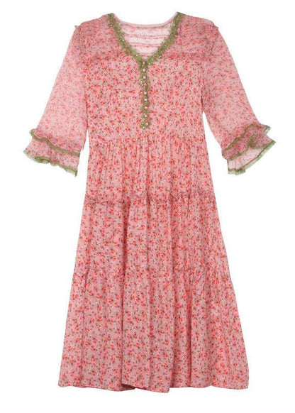 Stylish Pink V Neck Nail Bead Print Silk Mid Dresses Summer