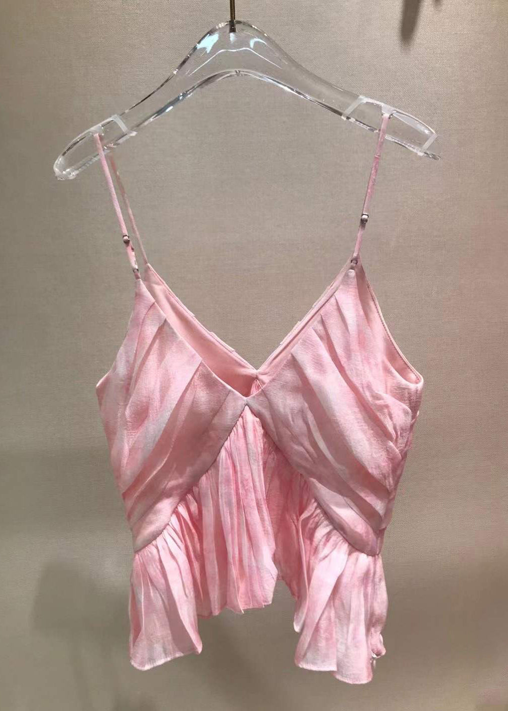 Stylish Pink V Neck Wrinkled Spaghetti Strap Tank Sleeveless