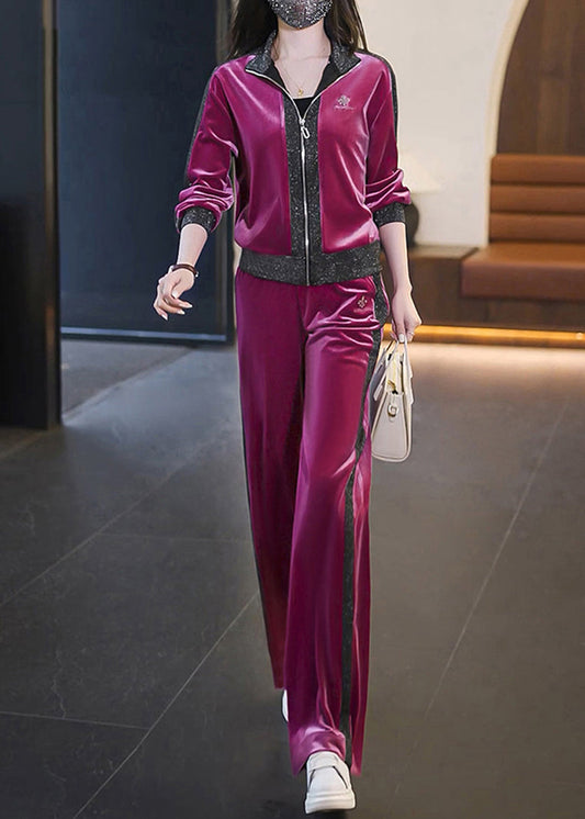 Stylish Pitaya Color Zippered Patchwork Silk Velour Coats and Straight Pants Two Piece Set Fall