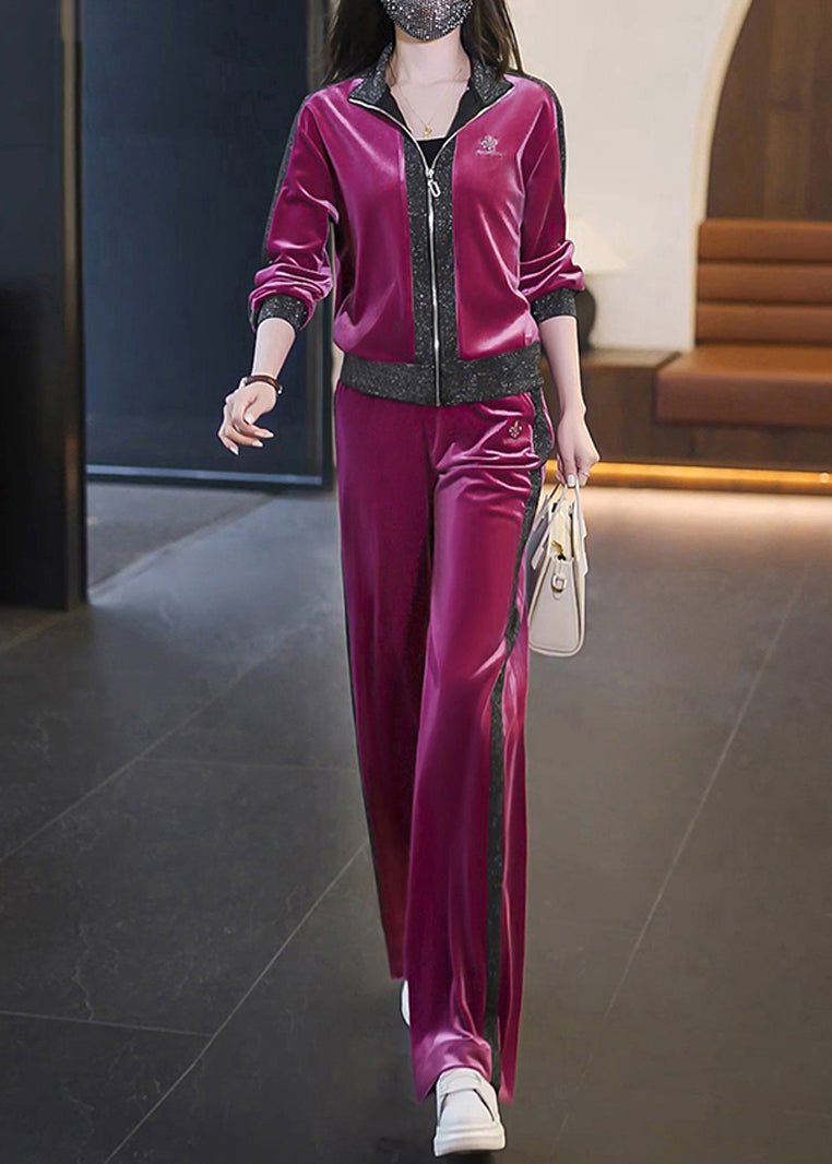 Stylish Pitaya Color Zippered Patchwork Silk Velour Coats and Straight Pants Two Piece Set Fall