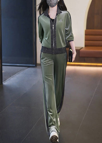 Stylish Pitaya Color Zippered Patchwork Silk Velour Coats and Straight Pants Two Piece Set Fall