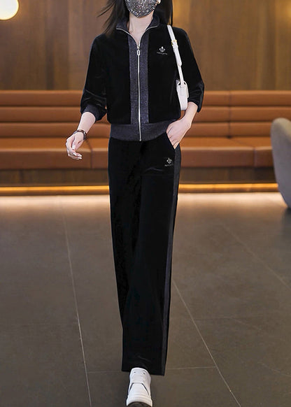 Stylish Pitaya Color Zippered Patchwork Silk Velour Coats and Straight Pants Two Piece Set Fall