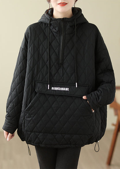 Stylish Black Pockets Fine Cotton Filled Hooded Pullover Spring