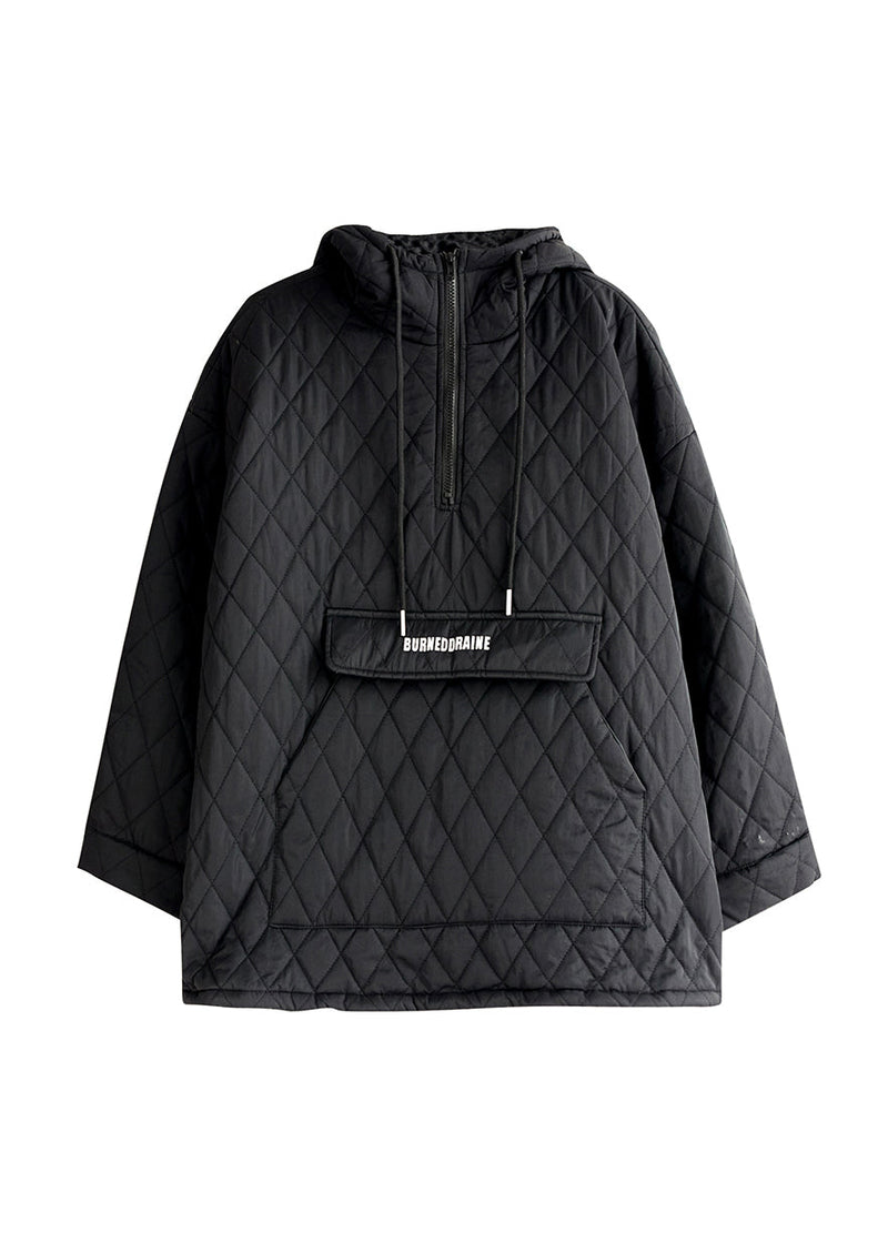 Stylish Black Pockets Fine Cotton Filled Hooded Pullover Spring