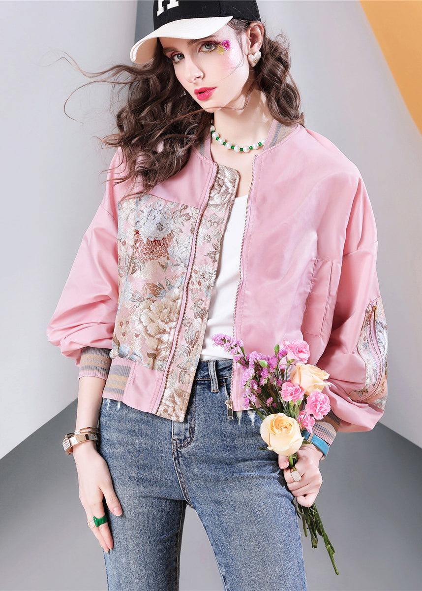 Stylish Pink Pockets Print Patchwork Jackets Fall