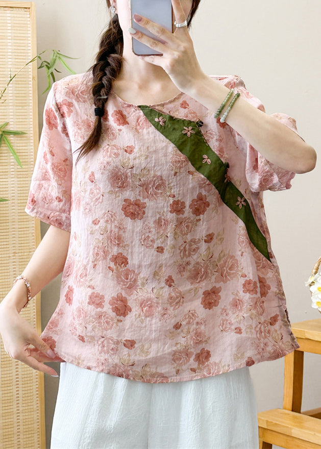 Stylish Print O-neck Ramie T Shirt Short Sleeve