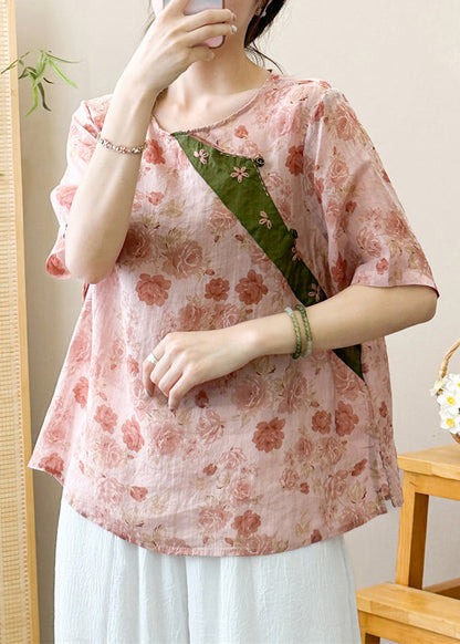 Stylish Print O-neck Ramie T Shirt Short Sleeve
