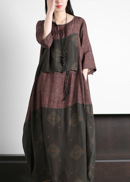 Stylish Purple Coffee O-neck Asymmetrical Print Blending Long Dress Short Sleeve
