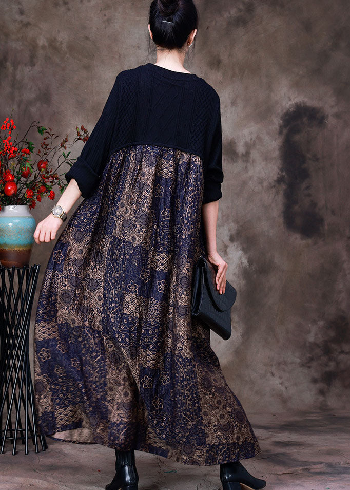 Stylish Purple O-neck Asymmetrical Patchwork Print Silk Dress Long Sleeve