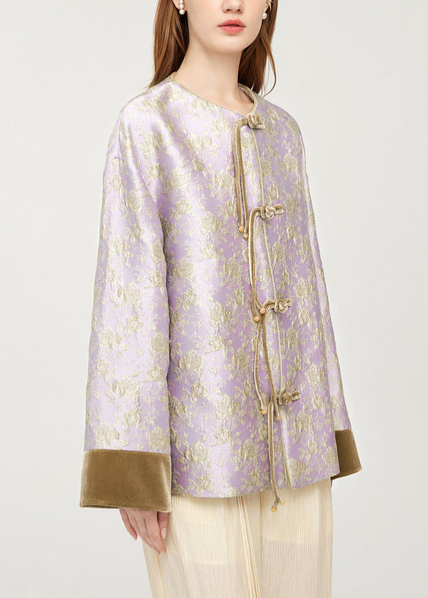 Stylish Purple O-neck Button Silk Velour Patchwork Coats Spring